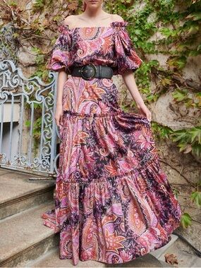 Luisa Spagnoli Runway 2021 Magenta Floral Paisley Two Piece Blouse Skirt Set